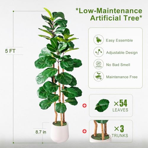 Large Artificial ficus Tree Tall Faux Plastic Plants Flowers Indoor Outdoor Realistic Floor Plant Fake Fiddle Leaf fig Trees for House Home Living Room Office Front Porch Modern Farmhouse Decor - Image 2