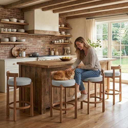 LukeAlon Mid Century Linen Counter Stools Set of 4, Upholstered 26.5" Seat Height Low Barstools with Natural Wood Legs Round Low Back Kitchen Stool with Footrest for Dining Room Pub Island, Light Grey by LukeAlon