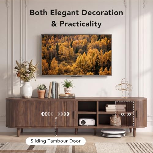 MXV 90" TV Stand with Sliding Doors for Living Room, Mid Century Modern Entertainment Center, TV Console with Fluted Door Cabinets and Power Outlet, Walnut - Image 6