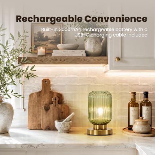 6" MCM Cordless Rechargeable Green Glass Table Lamp, Touch Dimmable - Image 3
