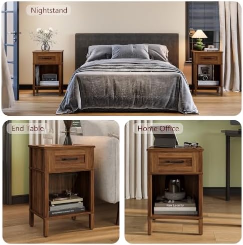 Farmhouse Nightstand with Drawer, Small Wood Bedside Table, Rustic Side Table, Modern End Table with Drawer, Retro Wooden Red Brown Night Stand for Bedroom - Image 6