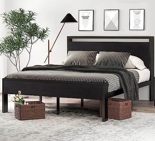 SHA CERLIN 14 Inch Queen Size Metal Platform Bed Frame with Wooden Headboard and Footboard, Mattress Foundation, No Box Spring Needed, Large Under Bed Storage, Non-Slip Without Noise, Black Oak by SHACERLIN