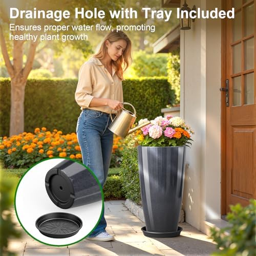 QCQHDU 21 inch Tall Planters for Outdoor & Indoor Plants, 2 Pack Sturdy Plant-Flower-Tree Pots for Front Porch Patio Deck Living Room Decor - Image 5