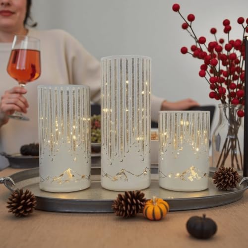 Starry Night Hurricane Candleholders with Warm LED Lights & Remote Timer, Elegant Twinkling Decorative Centerpieces for Wedding, Dining Table, Living Room, Mantel Décor, Set of 3 (White) - Image 6