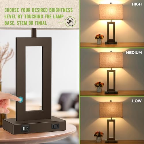 TOBUSA 28" Brown Modern Table Lamp Set of 2 with 2 USB Ports&AC Outlet - Image 6