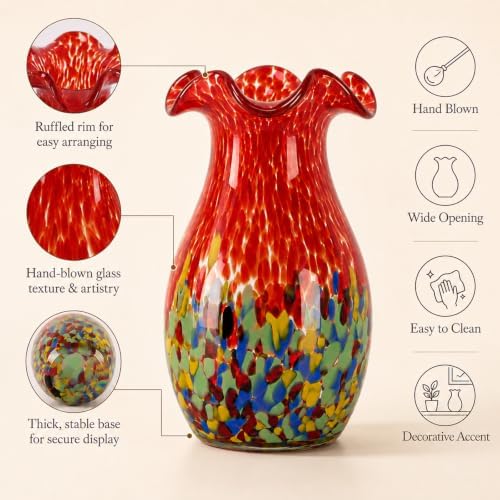 10.6in Hand Blown Blue Glass Vase – Wide Mouth Murano Bubble Art Glass Vase, Cobalt Blue Flower Vase for Coastal, Vintage, Colorful Home Decor, Vase Gift for Mom or Display (Red) - Image 4