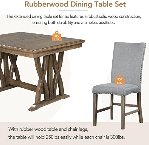 Mid-Century Extendable Dining Table Set for 6, Solid Wood 7-Piece Dining Table Set with 6 Upholstered Chairs and 12" Leaf, Home Breakfast Kitchen Dining Room Set for 6, Retro X Cross Trestle Base - Image 5