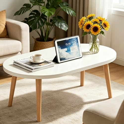 Coffee Table Low Table with Solid Wood Legs, 31.5x19.7 Large Coffee Table Side Table, Floor Table Desk for Sitting on The Floor, Living Room Furniture for Office Apartment Home, Oval White - Image 3