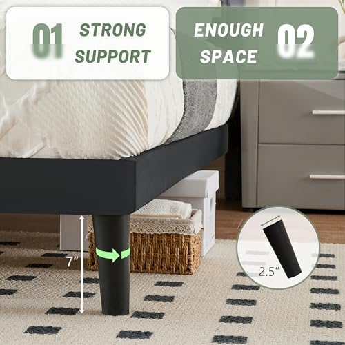 Queen Size Platform Bed Frame with Velvet Headboard, Wing Edge, Sturdy Wooden Slats, Noise-Free, No Box Spring Needed, Easy Assembly, Black - Image 5