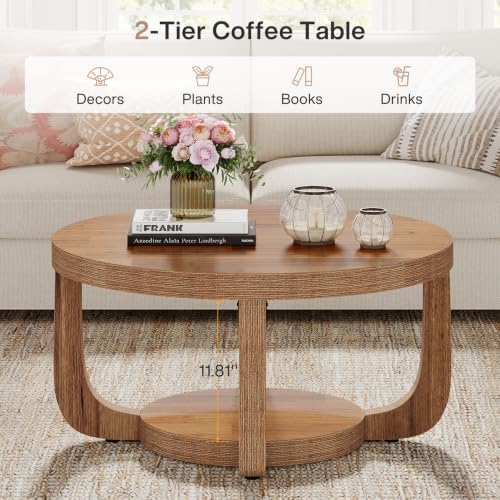 Tribesigns Round Coffee Table, 2-Tier Circle Coffee Table with Storage, Modern Wooden Accent Center Table for Living Room, Thick Tabletop & Base (Rustic Brown) - Image 4