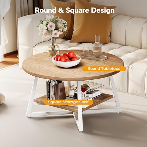 Coffee Table for Living Room, Round Coffee Table, Small Circle Coffee Table with Storage, Modern Wood Round Center Table for Home Office, Small Space, Easy Assembly, Light Coffee - Image 5