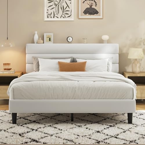 Fluest Queen Bed Frame, Platform Bed Frame with Velvet Upholstered Headboard, No Box Spring Needed, Sturdy Metal Support, Noise Free, Easy Assembly, Modern Bedroom Furniture, White by Fluest