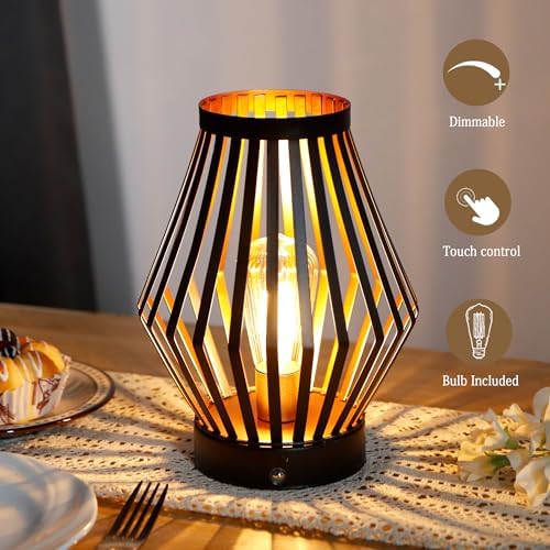 JHY DESIGN Set of 2 Dimmable Bedside Table Lamp 8.5''H Rechargeable Metal Cage Lantern with LED Edison Style Bulb Cordless Accent Lamp for Weddings Parties Patio Events for Indoors Outdoors - Image 3