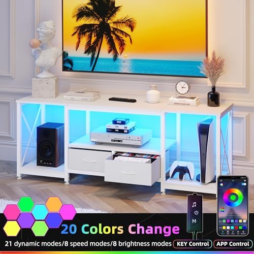 GYIIYUO TV Stand with Fabric Drawers for 55 60 65 Inches TV - Entertainment Center and Industrial TV Console Table with Open Storage Shelves for Living Room, Bedroom - 55.1" White - Image 4