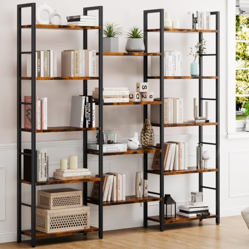 Shintenchi Triple 5 Tier Bookshelf, Industrial Large Bookcase with 14 Open Display Shelves, Large Etagere Bookshelf,Wide Book Shelf Book Case for Home & Office, Brown - Image 2