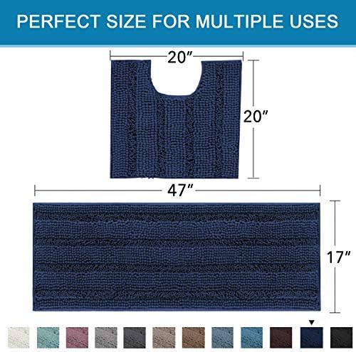H.VERSAILTEX Bathroom Rugs Bath Rug Set 2 Piece Bathroom Contour Rug Toilet Mat Sets Non Slip Contour Bath Rug Ultra Thick Water Absorbent Striped Bath Mats Washable(47" x 17" Plus 20" x 20" U, Navy) - Image 2