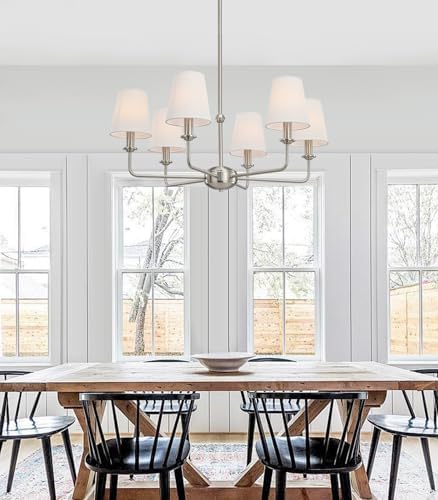 6-Light Brushed Nickel Chandelier with White Fabric Shades, E12 Base Modern Farmhouse Ceiling Light Fixture for Dining Room, Living Room, Bedroom, Kitchen, Foyer, Adjustable Hanging Rod. - Image 2
