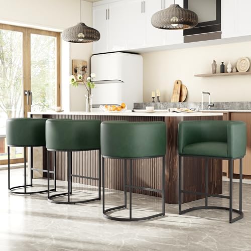 26" H Counter Height Bar Stools Set of 4, Modern Barrel Counter Stools with Backrest and Arms, Faux Leather Upholstered Accent Barstools for Kitchen Island,Support 450 LBS (Green) by VATROS
