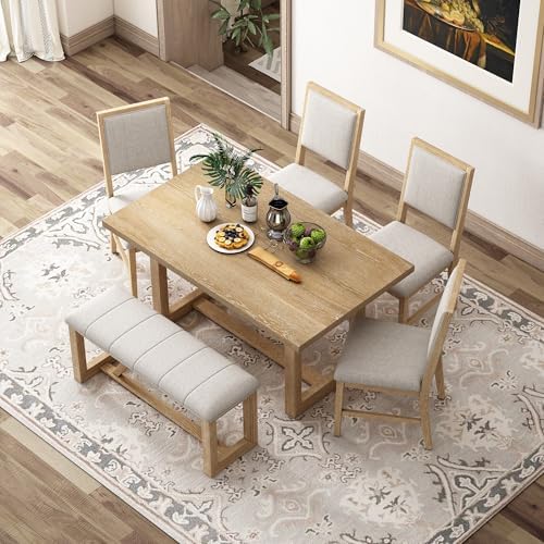 VilroCaz 6-Piece Vintage Dining Table Set, Acacia Wood Rectangular Dining Table with Designed Trestle Base and 4 Upholstered Chairs&1 Bench, Retro Kitchen Dining Room Table Set of 6 (Natural-Desig) - Image 3