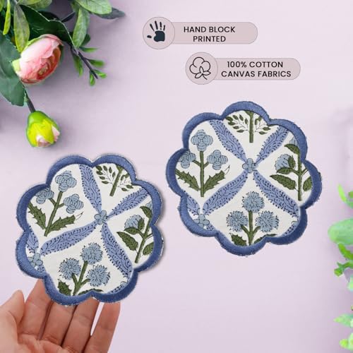 Ridhi 8-Pcs 100% Cotton Hand Block Print Drink Coasters 5" in Steel Blue - Image 6
