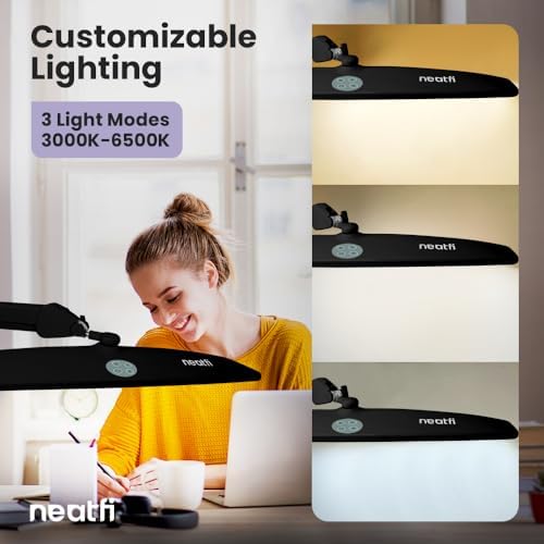 Neatfi Elite HD XL Task Lamp | 22-Inch Wide | 2,260 Lumens | 3 Color Temperature Modes | Non-Polar Dimming Desk Lamp (Black-2, CCT with Clamp) - Image 4