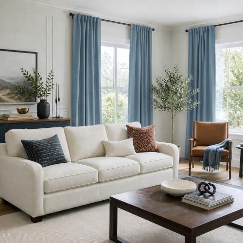 Linen Textured Total Blackout Curtains for Bedroom 72 Inches Long, Blue - Image 5