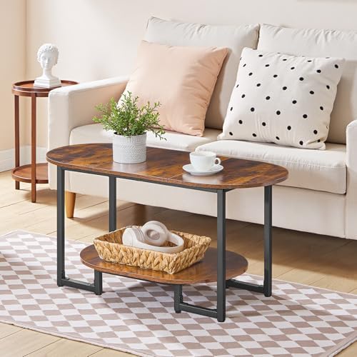 HOOBRO Coffee Table for Living Room, Oval Small Coffee Table with 2-Tier Open Storage Shelf, Industrial Cocktail Tea Table, Wooden Desktop Center Table, Farmhouse, Home Office, Rustic Brown BF09KF01 - Image 3