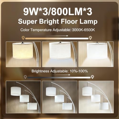 3 Light Dimmable Arc Floor Lamp, LED Tall Standing Lamp with Remote - Image 2