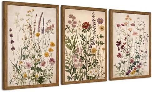 AVECCO 3 Piece Vintage Wildflower Botanical Framed Canvas Wall Art 20x30 in by Unknown