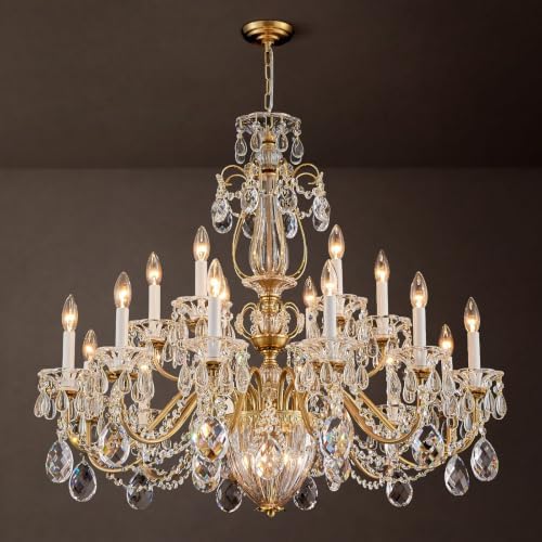 Vintage Maria Theresa Crystal Chandelier for Foyer, 18-Light Brass Large Candelabra Chandelier Pendant Light Fixture for Living Room Hallway Lobby Entrance Banquet Hall Dia 37" by SHEKAITAOElevateYourSpace