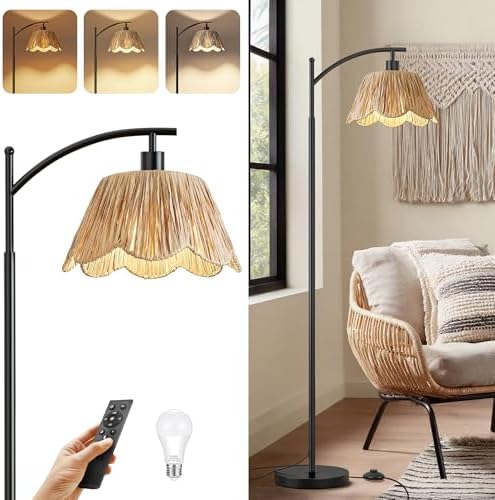 Oneach Boho Floor Lamp with 3 Color Temperatures, Farmhouse Floor Lamps for Living Room with Remote & Dimmable Bulb, Rattan Floor Lamp for Bedroom, Black - Image 6