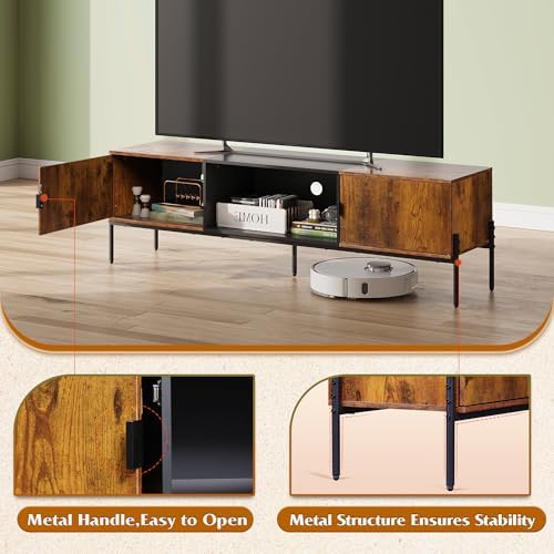 WLIVE 58" TV Stand for 65 Inch TVs, Mid Century Modern Entertainment Center with 2 Storage Cabinets & Open Shelf, Media Console Table with Metal Legs for Living Room, Bedroom, Rustic Brown - Image 5