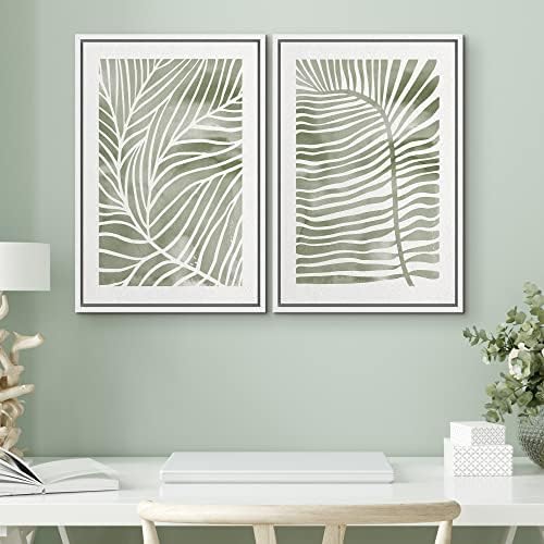 SIGNWIN Canvas Print Wall Art Set Green White Tropical Island Palm Leaves Nature Wilderness Illustrations Modern Art Rustic Multicolor for Living Room, Bedroom, Office - 24"" x36 x2 White - Image 2