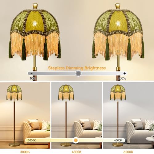 Vintage Floor Lamp For Living Room,Remote Dimmable Wood Gold Standing Lamps With Victorian Fringe Green,Retro Corner Tall Floor Light For Bedroom,Office,Boho Farmhouse Mid Century Modern Decor - Image 2