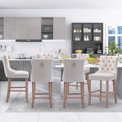 SoarFlash Modern Velvet Upholstered Bar Stools Set of 6 with Wood Legs, Button Tufted,Chrome Nailhead, Counterstool Seat, Armless Bar Chairs (Beige) - Image 5