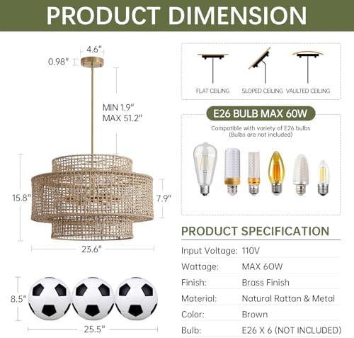 24" Rattan Chandelier for Dining Room, Large Boho Pendant Light - Image 3