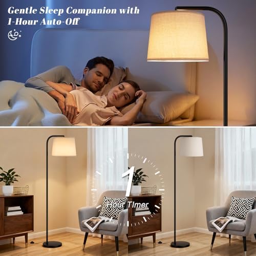 Ambimall Remote-Controlled Floor Lamp - Color Temperature Adjustable and Fully Dimmable, Standing Lamp for Living Room with Rotating Head, Tall Lamp for Bedroom, 9W Bulb Included (Black and Beige) - Image 4