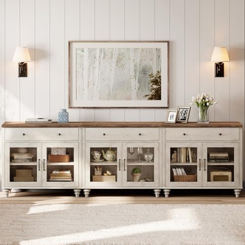 WAMPAT Sideboard Buffet Cabinets with Glass Doors, Large Kitchen Storage Cabinets, Wooden Coffee Bar Tables with Vintage Gourd Leg, Sideboard Credenza Table for Dining Room, Living Room, Rustic White - Image 5