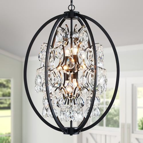WUZUPS Globe Crystal Chandelier Raindrop Pendant Flushmount Ceiling Light Modern Lighting Fixture for Bedroom Hallway Bar Kitchen Bathroom, H 23.6" x W 19.7", Black, 8 E12 Base by WUZUPSNEWARRIVALCHANDELIERS