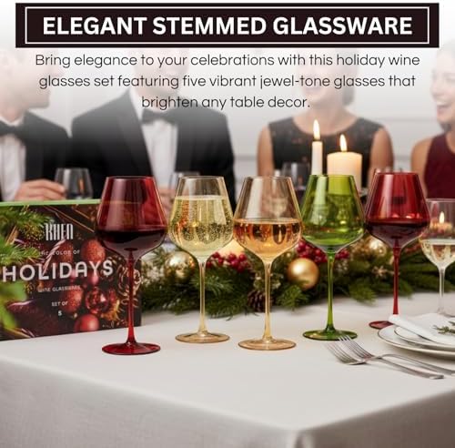 Khen Festive & Holiday Colored Wine Glasses Set of 5 In Luxurious Gift Box – 20oz Stemmed Goblets, Thanksgiving Dinner, Entertaining – Wedding Red, Green & Gold Glassware for Party Celebrations - Image 3