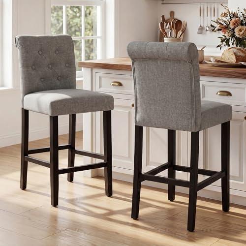 LSSBOUGHT 24 Inches Upholstered Counter Height Bar Stools Kitchen Island Chairs Padded Barstools with Button-Tufted Back and Solid Wood Legs Set of 2（Gray） - Image 4