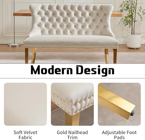 Beige Velvet Dining Bench with Back, Tufted Banquette Seating, Gold Legs - Image 3