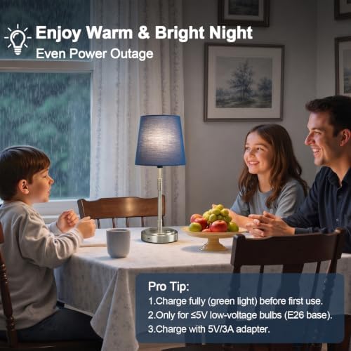 Cordless Table Lamps Set of 2 – Battery Operated Lamp with 7500mAh Rechargeable Battery, Stepless Dimmable Brushed Nickel Lamps with Blue Shade, Wireless Lamps for Dining Room (Bulbs Included) - Image 5