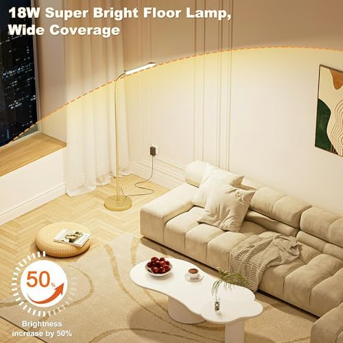 Yikuneng Dimmable LED Floor Lamp, Super Bright Reading Lamps Floor Standing lamp with Remote & Touch Control, Stepless Dimming & 2700K-6500K Color Temperature, for Living Room Bedroom Office, Gold - Image 3