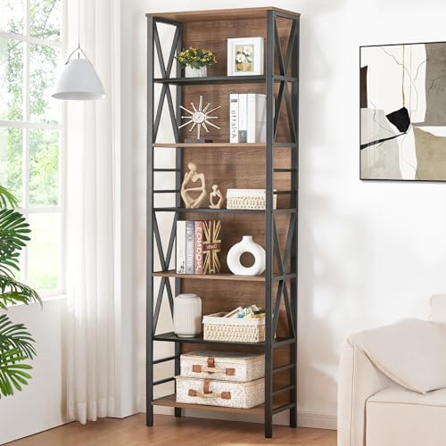 HOMISSUE Tall Bookshelf, 7-Tier Book Shelf, Rustic Wood Metal Bookshelves and Bookcases, Freestanding and Industrial Open Bookcase for Home Office, Living Room and Bedroom, Vintage Brown by Homissue
