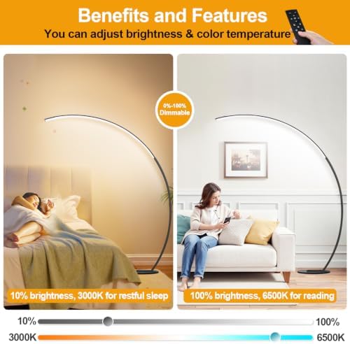 Dimmable LED Lamps for Living Room with 3 Color Temperatures, Ultra Bright 2000LM Arc Floor Lamps, Modern Standing Tall Lamp with Remote Control Reading Floor Lamp for Bedroom Office Classroom - Image 5