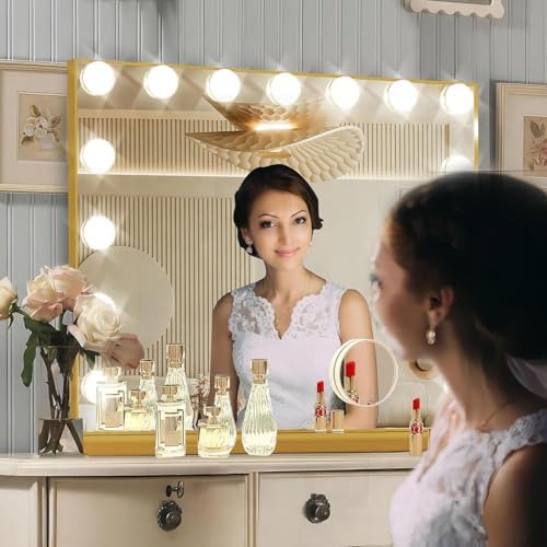 Ratsamee Gold Hollywood Vanity Mirror with Lights, 15 Dimmable Bulbs, 3 Color Lights,Make Up Lighted Mirror, Aluminum Metal Frame, USB Charging Port（23" x 18"） - Image 5