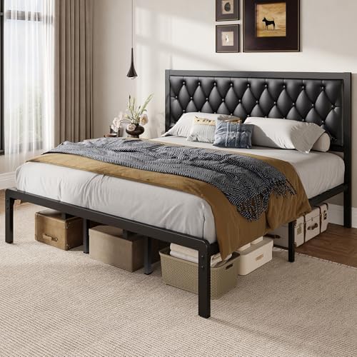 Fluest King Bed Frame with Headboard PU Leather Upholstered Bed Frame Platform,All Metal Slats Support Platform Bed Frame with Storage Space,Easy Assembly,Noise Free,No Box Spring Needed,Black - Image 3