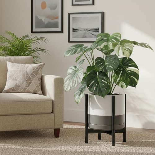 D'vine Dev Ceramic Pot with Ebony Wood Stand, White/Grey, 14 in, 55-B-S-6 - Image 6