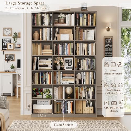 HOSTACK 86"H Triple Wide Bookshelf and Bookcase, 7 Tier Tall Bookshelf with Storage, Large Bookcase with 21 Open Display Storage Shelves, Wood Book Shelf Media CD DVD Storage for Living Room, Ash Gray - Image 6